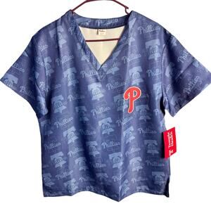 Philadelphia Phillies V-Neck Scrub Top Blue Allover Print Adult Medium NWT